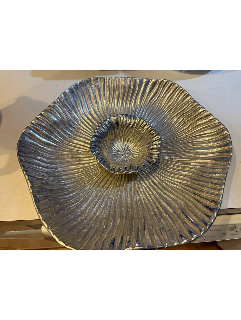Cast Aluminum Chip & Dip Server Sand Dollar Sea Urchin Coastal Silver Tray NEW
